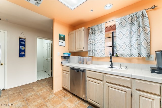 2851 S Valley View Blvd Unit 1071, Las Vegas, NV 89102 - kitchen featuring dishwasher, a sink, tile counters, and light brown cabinets