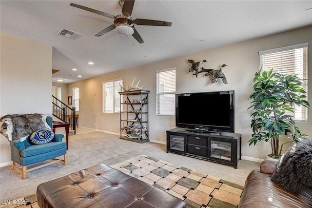 9846 Sunriver Meadows Ave, Las Vegas, NV 89148 - carpeted living room featuring stairs, ceiling fan, baseboards, and recessed lighting