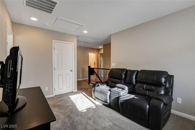 9846 Sunriver Meadows Ave, Las Vegas, NV 89148 - living room featuring attic access, carpet flooring, baseboards, and recessed lighting