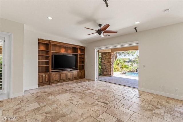 2436 Grassy Spring Pl, Las Vegas, NV 89135 - unfurnished living room with stone tile flooring, ceiling fan, and recessed lighting