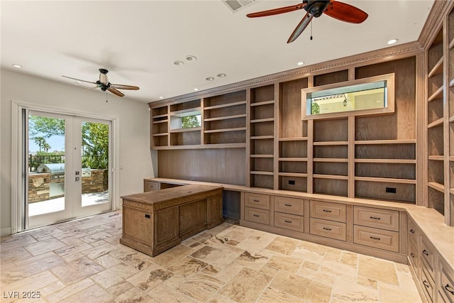 2436 Grassy Spring Pl, Las Vegas, NV 89135 - unfurnished office featuring a ceiling fan, recessed lighting, stone tile flooring, and built in shelves