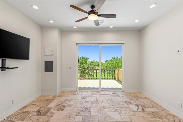 2436 Grassy Spring Pl, Las Vegas, NV 89135 - unfurnished room featuring electric panel, stone tile floors, recessed lighting, and a ceiling fan