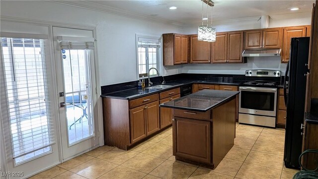 3020 Wilmington Way, Las Vegas, NV 89102 - kitchen featuring stainless steel range with electric stovetop, a sink, under cabinet range hood, freestanding refrigerator, and a kitchen island