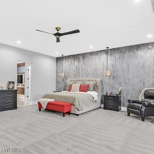 5400 Mello Ave, Las Vegas, NV 89131 - bedroom featuring carpet flooring, recessed lighting, ceiling fan, and connected bathroom