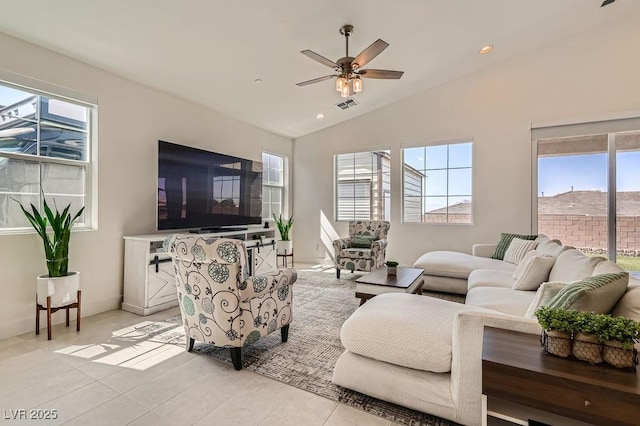 130 W Fairway Rd, Henderson, NV 89015 - living area with a ceiling fan, lofted ceiling, recessed lighting, and baseboards
