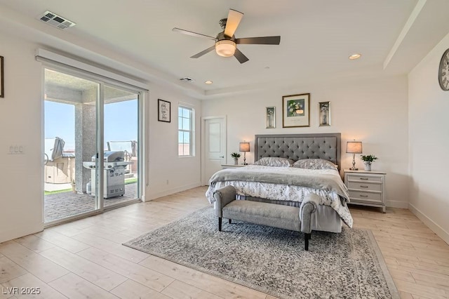 130 W Fairway Rd, Henderson, NV 89015 - bedroom with access to exterior, light wood-style flooring, recessed lighting, baseboards, and ceiling fan
