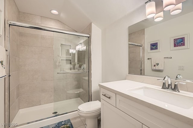 130 W Fairway Rd, Henderson, NV 89015 - bathroom featuring toilet, vanity, a shower stall, recessed lighting, and vaulted ceiling