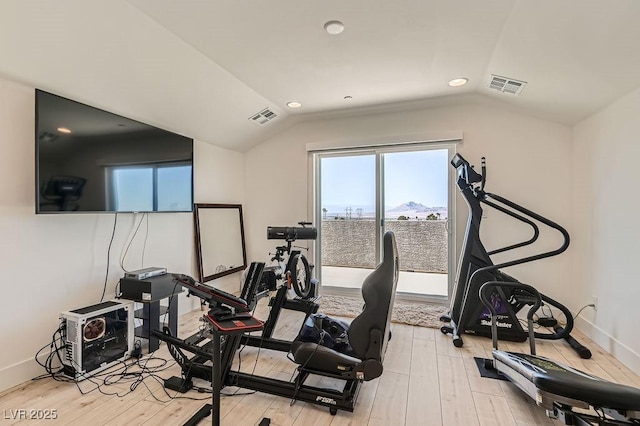 130 W Fairway Rd, Henderson, NV 89015 - workout room featuring vaulted ceiling, wood finished floors, baseboards, and recessed lighting