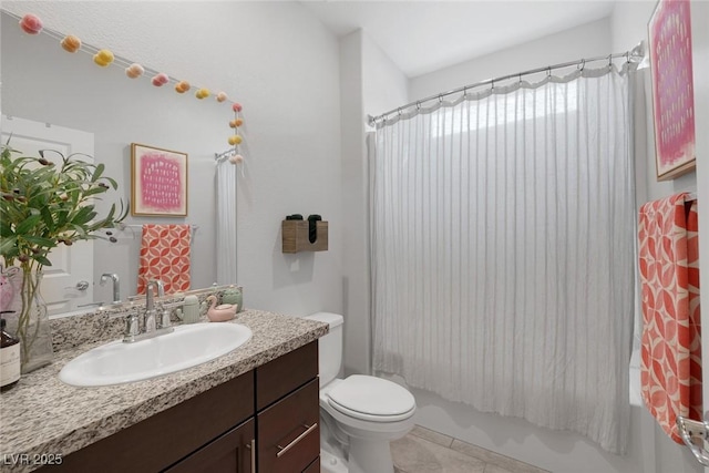 5234 Savannah Rose St, Las Vegas, NV 89149 - bathroom featuring vanity, shower / bathtub combination with curtain, toilet, and tile patterned floors