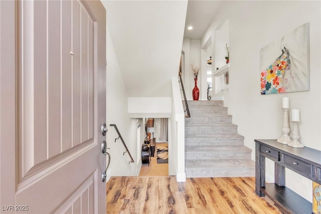5889 Thistle Meadow Ave, Las Vegas, NV 89139 - entryway featuring light wood-style floors, stairway, and recessed lighting