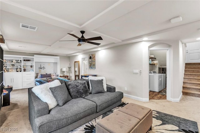 5889 Thistle Meadow Ave, Las Vegas, NV 89139 - carpeted living area featuring washing machine and dryer, stairway, coffered ceiling, ceiling fan, and recessed lighting