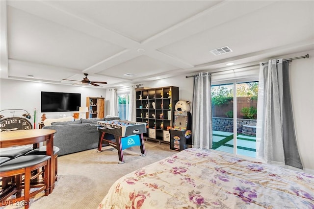5889 Thistle Meadow Ave, Las Vegas, NV 89139 - carpeted bedroom featuring coffered ceiling, access to exterior, multiple windows, beamed ceiling, and ceiling fan