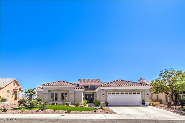 3028 Treesdale Dr, Las Vegas, NV 89134 - mediterranean / spanish-style house with a tiled roof, stucco siding, an attached garage, driveway, and a chimney