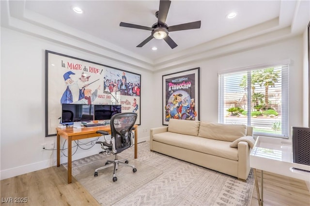 3028 Treesdale Dr, Las Vegas, NV 89134 - office area with a tray ceiling, ceiling fan, wood finished floors, and recessed lighting