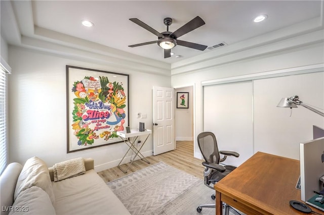3028 Treesdale Dr, Las Vegas, NV 89134 - office featuring a ceiling fan, light wood-type flooring, recessed lighting, and baseboards