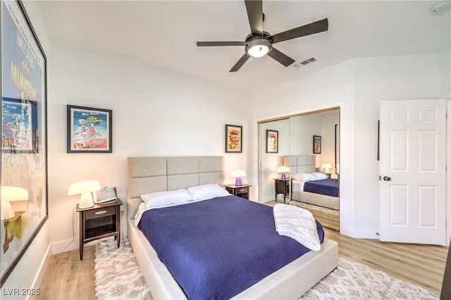 3028 Treesdale Dr, Las Vegas, NV 89134 - bedroom featuring wood finished floors, baseboards, a closet, and a ceiling fan