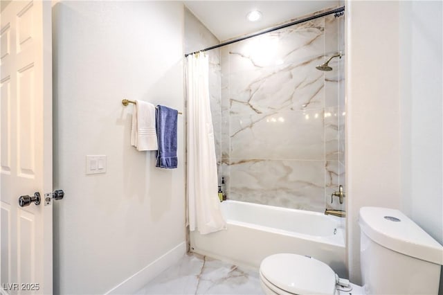 3028 Treesdale Dr, Las Vegas, NV 89134 - bathroom featuring toilet, shower / bathtub combination with curtain, marble finish flooring, baseboards, and recessed lighting