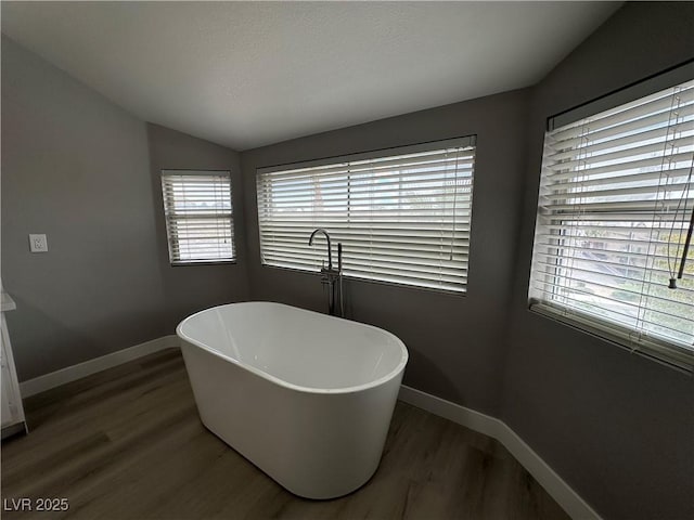 3340 Shallow Pond Dr, Las Vegas, NV 89117 - full bathroom with wood finished floors, a freestanding tub, baseboards, and vaulted ceiling