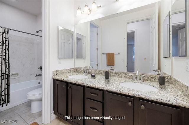 8 Laricola Ct, Henderson, NV 89011 - full bath with double vanity, toilet, shower / bathtub combination with curtain, and tile patterned floors