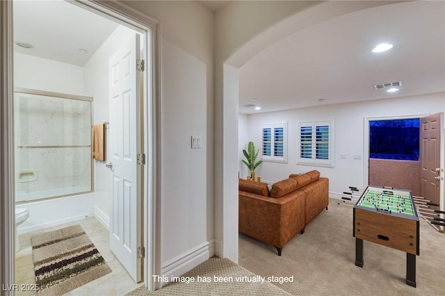 8 Laricola Ct, Henderson, NV 89011 - hall featuring carpet flooring, baseboards, recessed lighting, and arched walkways