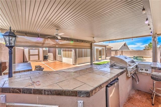1044 Spanish Needle St, Henderson, NV 89002 - view of patio / terrace with a ceiling fan and a shed