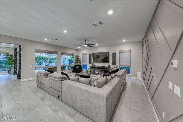 101 Mirage View Dr, Henderson, NV 89011 - living room featuring baseboards, recessed lighting, and a ceiling fan