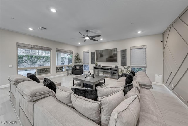 101 Mirage View Dr, Henderson, NV 89011 - living room featuring ceiling fan, baseboards, and recessed lighting