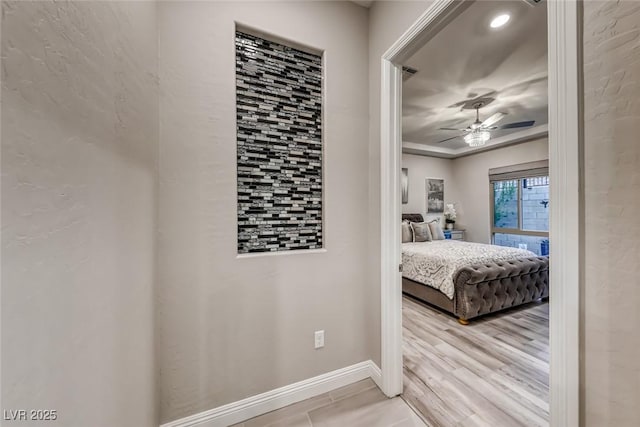 101 Mirage View Dr, Henderson, NV 89011 - bedroom featuring baseboards, ceiling fan, crown molding, and light tile patterned floors