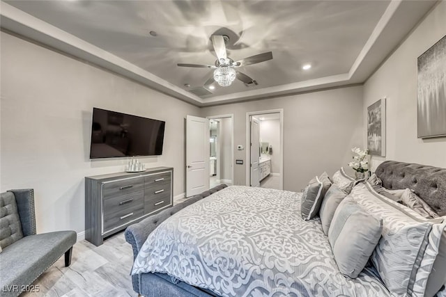 101 Mirage View Dr, Henderson, NV 89011 - bedroom featuring a raised ceiling, baseboards, recessed lighting, and ceiling fan