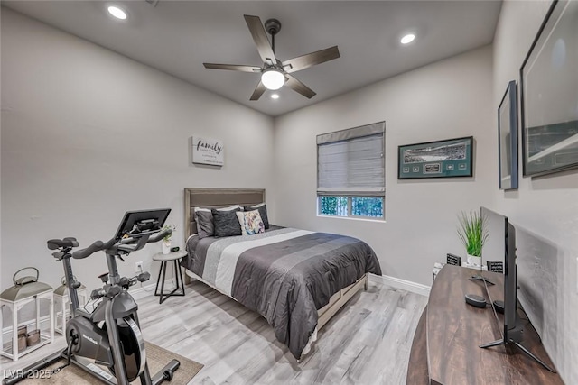 101 Mirage View Dr, Henderson, NV 89011 - bedroom featuring baseboards, wood finished floors, recessed lighting, and ceiling fan