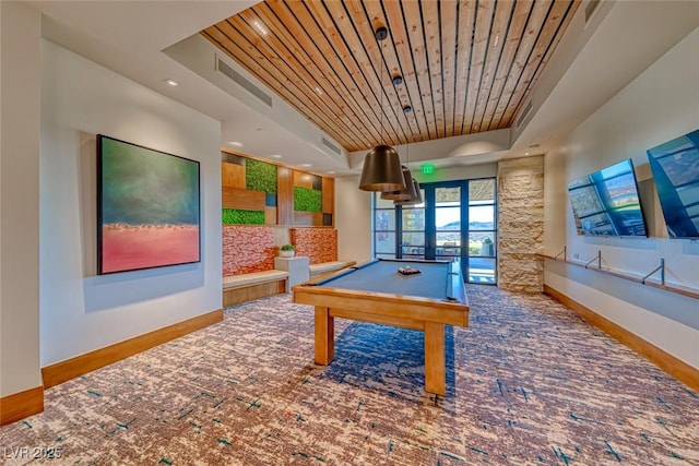 101 Mirage View Dr, Henderson, NV 89011 - game room with billiards table, wood ceiling, baseboards, recessed lighting, and a tray ceiling