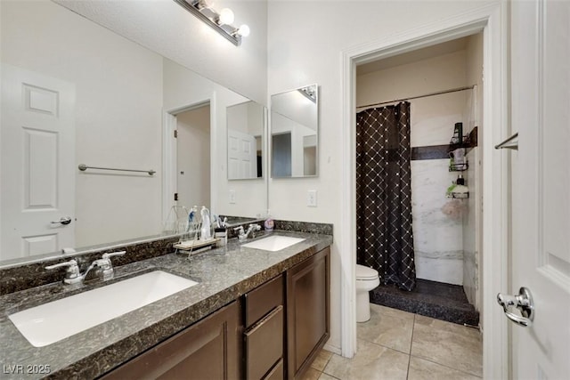2117 Leatherbridge Ct, North Las Vegas, NV 89081 - bathroom featuring toilet, double vanity, tile patterned flooring, and a shower with curtain