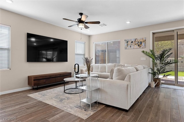 2367 Ridgeline Wash St, Las Vegas, NV 89138 - living area featuring a ceiling fan, dark wood-style floors, recessed lighting, and baseboards