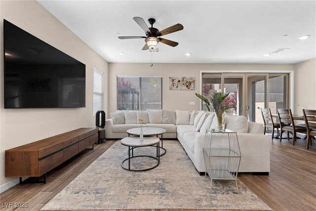 2367 Ridgeline Wash St, Las Vegas, NV 89138 - living area featuring wood finished floors, a ceiling fan, and recessed lighting