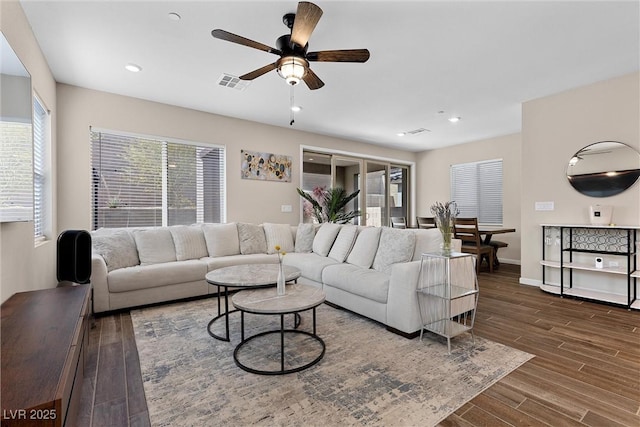 2367 Ridgeline Wash St, Las Vegas, NV 89138 - living room featuring ceiling fan, dark wood finished floors, recessed lighting, and baseboards