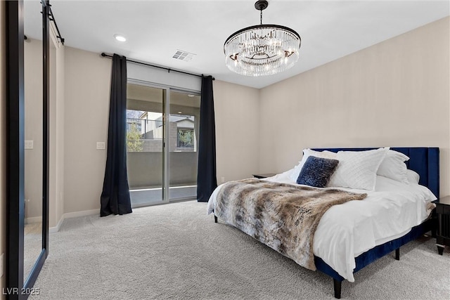 2367 Ridgeline Wash St, Las Vegas, NV 89138 - carpeted bedroom featuring access to outside, a chandelier, and baseboards