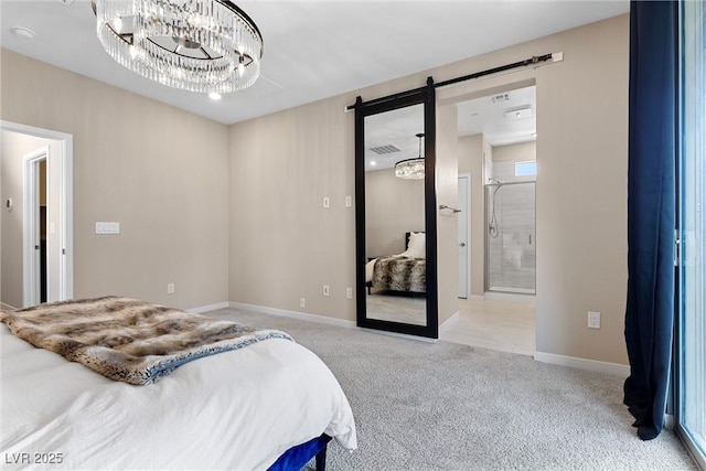 2367 Ridgeline Wash St, Las Vegas, NV 89138 - carpeted bedroom with a barn door, a chandelier, baseboards, and connected bathroom