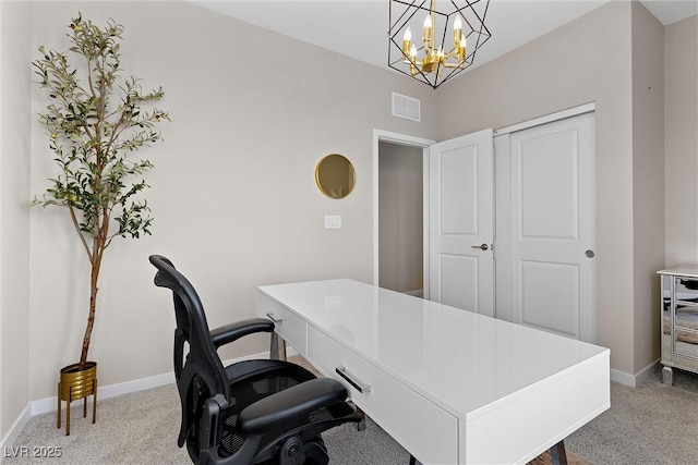 2367 Ridgeline Wash St, Las Vegas, NV 89138 - home office with light colored carpet, a chandelier, and baseboards