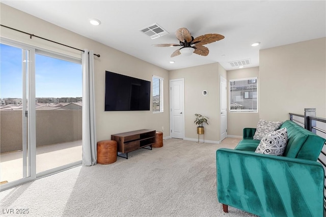 2367 Ridgeline Wash St, Las Vegas, NV 89138 - living room featuring carpet flooring, a ceiling fan, baseboards, and recessed lighting