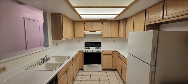 2216 Short Pine Dr, Las Vegas, NV 89108 - kitchen featuring white appliances, under cabinet range hood, a sink, light tile patterned flooring, and light countertops