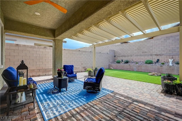 505 Sterling Falls Ave, Henderson, NV 89011 - view of patio / terrace with a pergola, a ceiling fan, and an outdoor hangout area