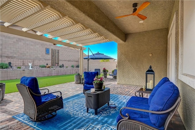 505 Sterling Falls Ave, Henderson, NV 89011 - fenced backyard with a pergola, ceiling fan, and a patio