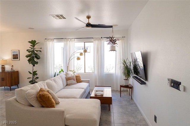 2021 Pelican Sky Beach Ave, North Las Vegas, NV 89081 - living area featuring a ceiling fan, light tile patterned flooring, and baseboards