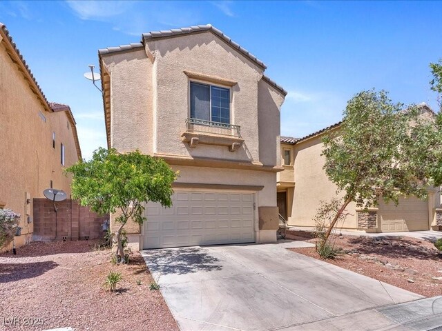 3040 Balcones Fault Ave, North Las Vegas, NV 89081 - mediterranean / spanish home with an attached garage, stucco siding, concrete driveway, and a tile roof