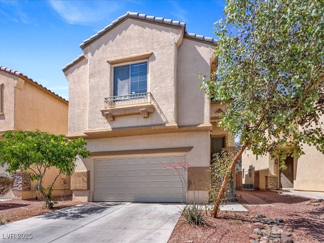 3040 Balcones Fault Ave, North Las Vegas, NV 89081 - view of front facade with an attached garage, stucco siding, concrete driveway, and a tile roof