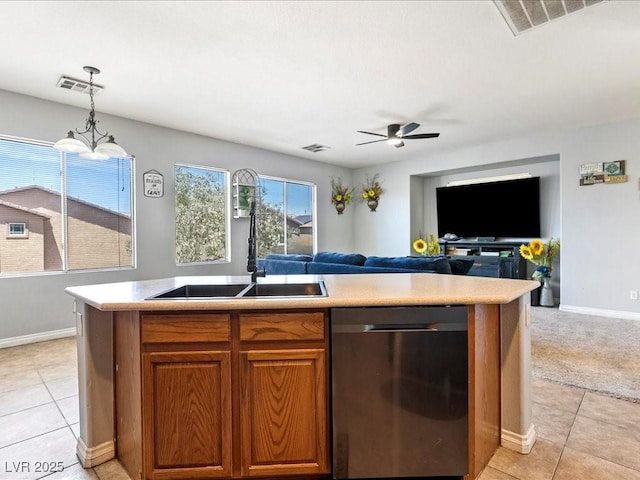 3040 Balcones Fault Ave, North Las Vegas, NV 89081 - kitchen with dishwasher, open floor plan, light tile patterned floors, and a ceiling fan