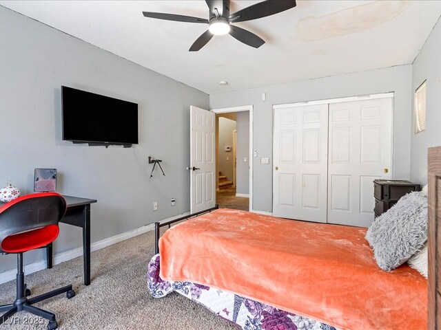 3040 Balcones Fault Ave, North Las Vegas, NV 89081 - bedroom with carpet, ceiling fan, baseboards, a closet, and a desk