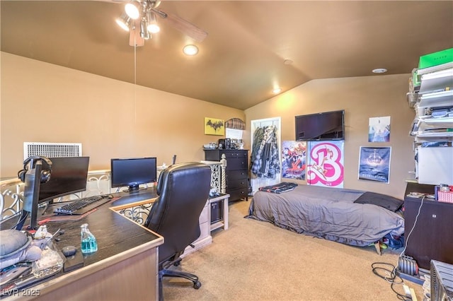 27 Via Paradiso St, Henderson, NV 89011 - carpeted bedroom with lofted ceiling, an office area, and a ceiling fan