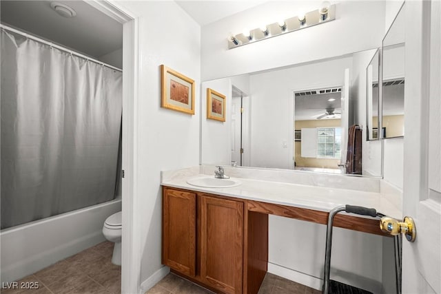 5456 Raccoon Valley Ln, Las Vegas, NV 89122 - full bath featuring vanity, toilet, shower / bath combo, ceiling fan, and tile patterned flooring