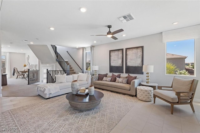 7983 Texas Hills St, Las Vegas, NV 89113 - living room with stairway, recessed lighting, ceiling fan, and tile patterned floors